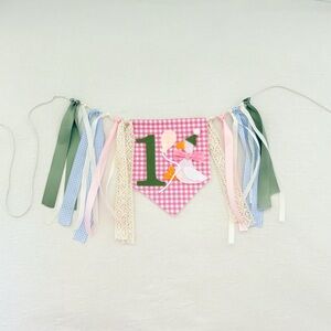 Pink Gingham One Silly Goose  First Birthday high chair Banner